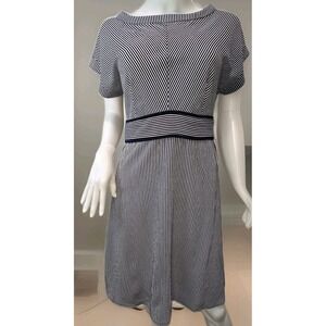 Monteau Los Angeles Womens Dress L Navy White Striped A-Line Empire Waist Flutte